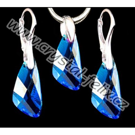 ŘETÍZEK + KVALITNÍ STŘÍBRNÝ SET JM zdobený krystaly SWAROVSKI Capri Blue, anglické klapky, Ag925