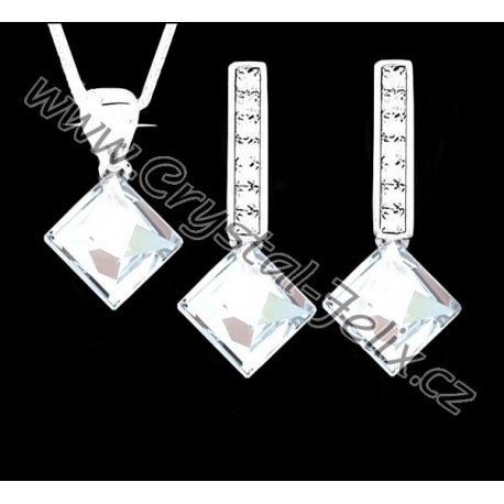 ŘETÍZEK + KVALITNÍ STŘÍBRNÝ SET JM zdobený čtverečky SWAROVSKI Square čiré, anglické klapky s krystaly Ag925