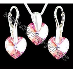 KVALITNÍ STŘÍBRNÝ SET JM s krystaly SWAROVSKI HEART, srdíčka růžová Rosaline AB, stříbro Ag925