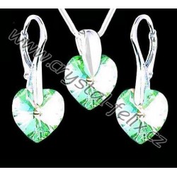 KVALITNÍ STŘÍBRNÝ SET JM s krystaly SWAROVSKI HEART, srdíčka zelená Peridot AB, stříbro Ag925