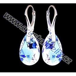 STŘÍBRNÉ NÁUŠNICE s kr. SWAROVSKI PEAR hrušky Crystal Blue AB, čiré s modrými odlesky, anglické klapky  Ag925