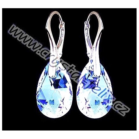 STŘÍBRNÉ NÁUŠNICE s kr. SWAROVSKI PEAR hrušky Crystal Blue AB, čiré s modrými odlesky, anglické klapky  Ag925