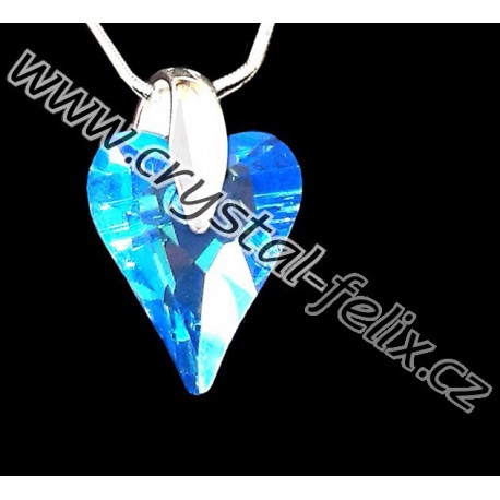 STŘÍBRNÝ ŘETÍZEK + KVALITNÍ NÁHRDELNÍK JM se SWAROVSKI Wild Heart divoké srdce Aquamarine AB modrá s odlesky, stříbro Ag925