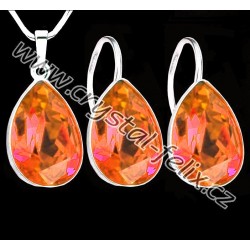 ŘETÍZEK + KVALITNÍ STŘÍBRNÝ SET JM zdobený krystaly PEAR ROSEPEACH, meruňkovo oranžové kapky, Ag925/1000