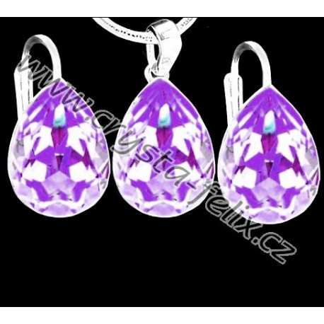 ŘETÍZEK + KVALITNÍ STŘÍBRNÝ SET JM s krystaly SWAROVSKI VIOLET kapky FIALOVÉ