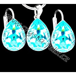 KVALITNÍ STŘÍBRNÝ SET JM zdobený krystaly PEAR kapky Light Turquoise TYRKYSOVÉ Ag925/1000