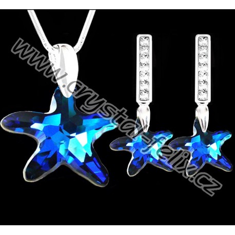 ŘETÍZEK + STŘÍBRNÝ SET JM S KRYSTALY SWAROVSKI STARFISH hvězdice BERMUDA Blue, stříbro Ag925